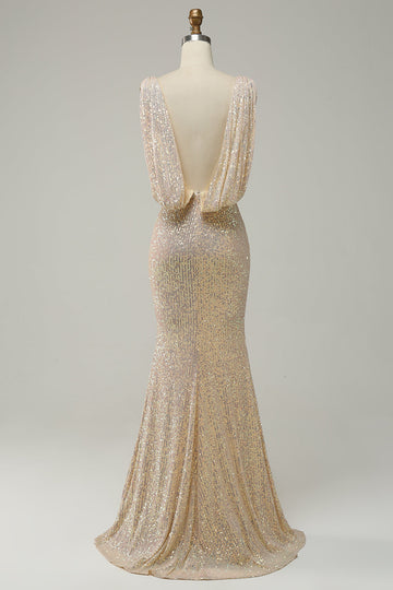 Sheath Deep V Neck Champagne Sequins Long Ball Dress with Split Front